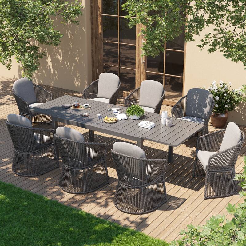 Outdoor Patio Dining Sets with Rattan Chairs and Aluminum Extendable Dining Table for 8 Persons