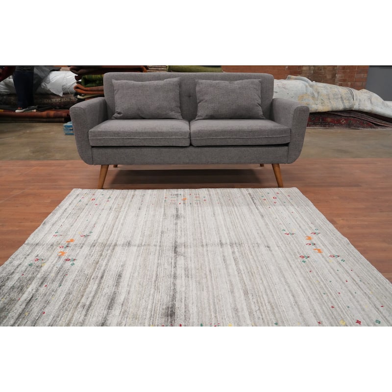 Hand Knotted Oriental Viscose Silk Carpet Tribal Animal Pictorial Greys & Charcoal Gabbeh Area Rug - 5' 9'' X 5' 5''