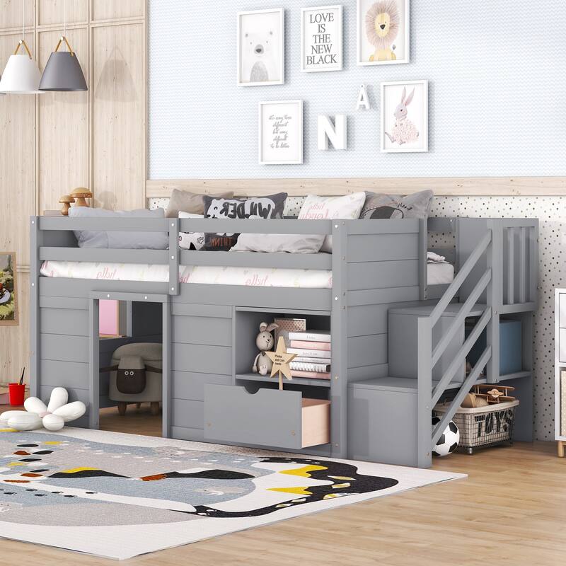 Grey Solid Wood Twin Low Loft Bed with Stair, Drawer, and Shelf