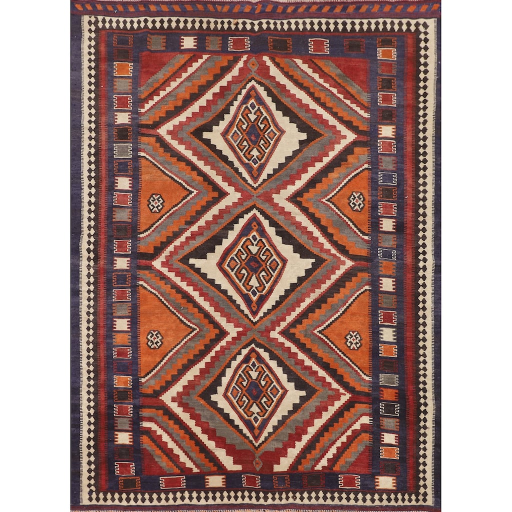 Kilim Qashqai Persian Vintage Rug Flatweave Home Decor Wool Carpet - 5'0"x 6'7"