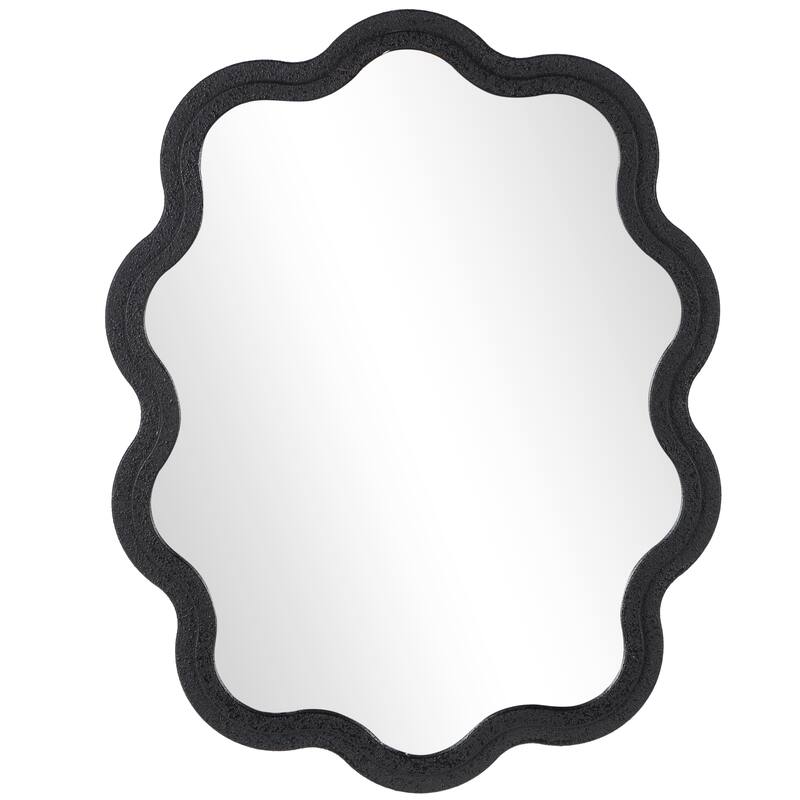 Black Wooden Handmade Wavy Room Wall Mirror with Dimensional Carved Frame