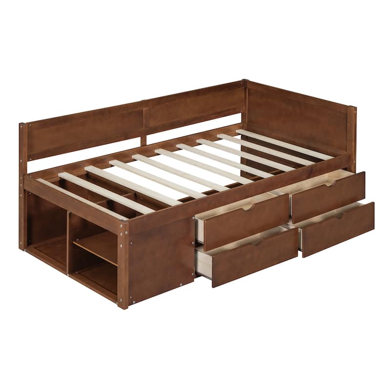 Twin Size Daybed with Four Storage Drawers &Three Shelves, Solid Wood Maximized Space Day Bed Frame for Bedroom Living Room
