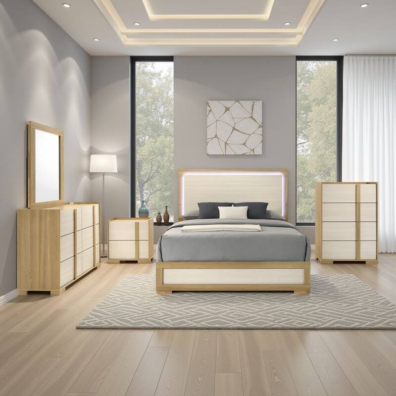 Hyle 5pc Queen Bedroom Set, Natural Brown and White Finish, Dressers