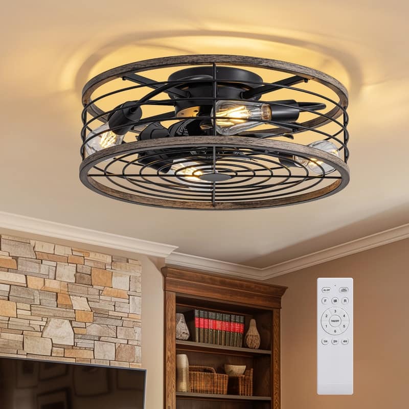 20 in. Wood Finish Ceiling Fan with Light Low Profile Farmhouse Indoor Ceiling Fans Caged Ceiling Fan Light for Bedroom - N/A - flush mount fandeleir