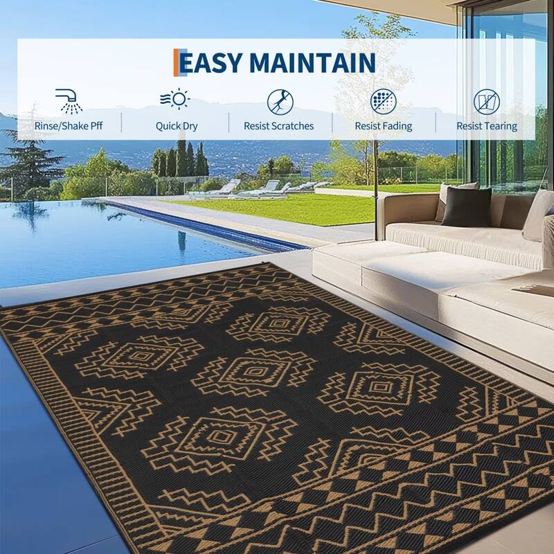 Outdoor Rug Waterproof Boho Geometric Patio Rug Mat Reversible Plastic Straw Rug Outside Outdoor Area Rug