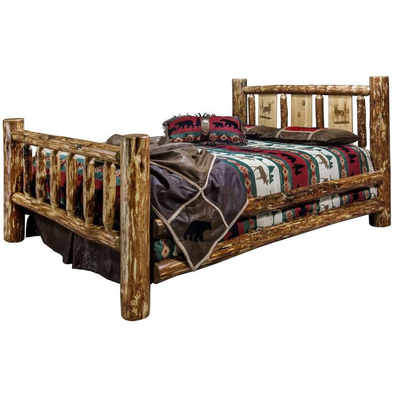 Rustic Full Bed - Elk Design Wood Bed Frame - Laser Engraved Headboard - Sturdy Pine Wood Bed