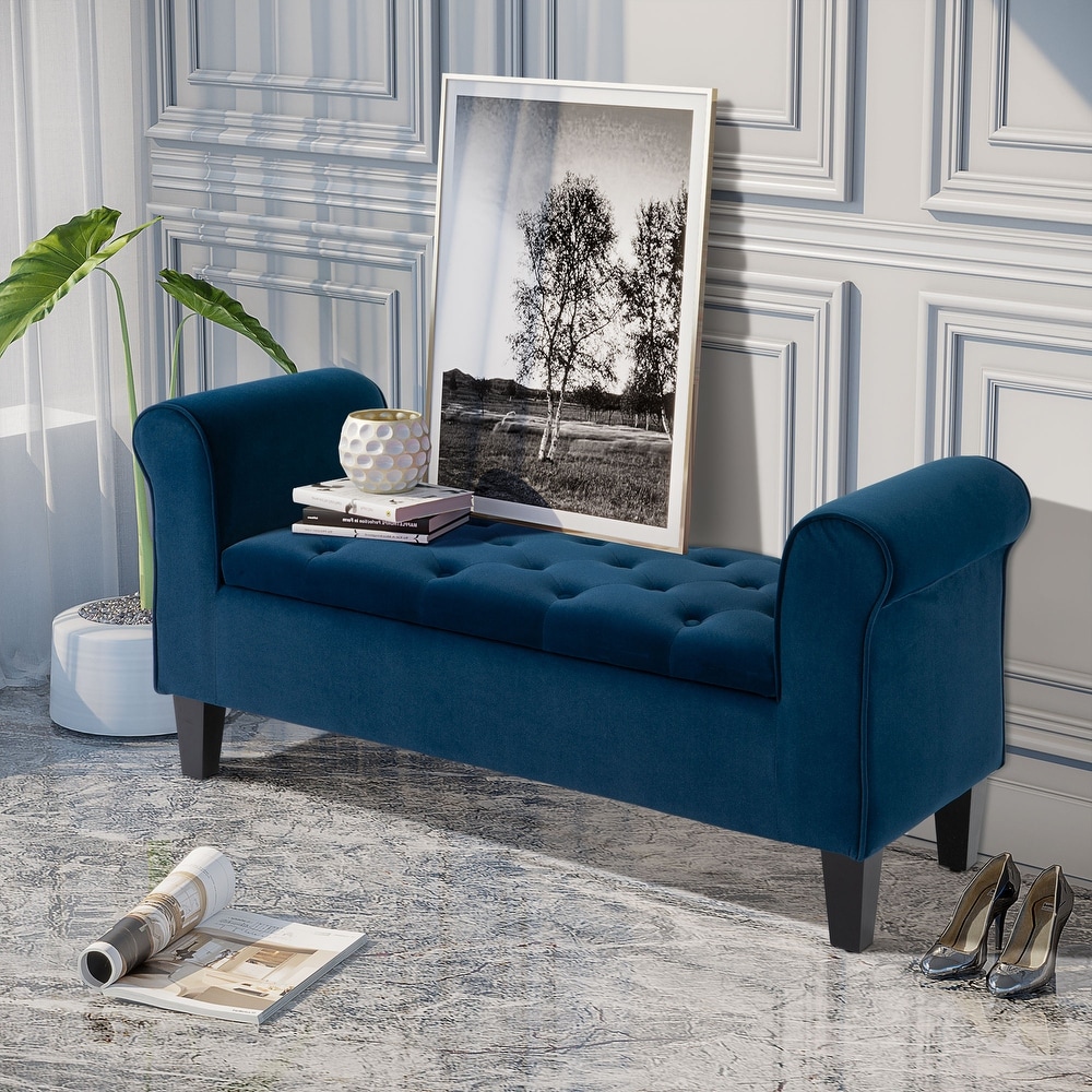 Blue velvet store bedroom bench