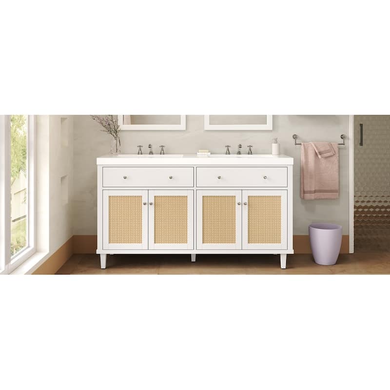Christopher Knight Home - Bellmere 60" Modern Double Sink Bathroom Vanity with SMC Sink, Soft-Close Storage, and Solid Wood Legs