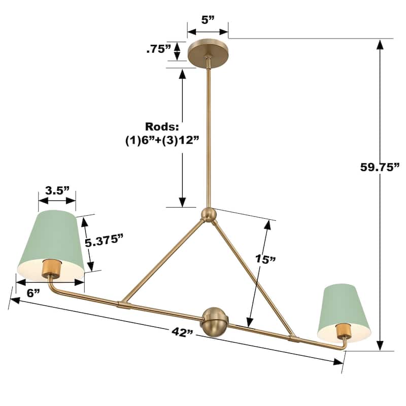Xavier 2 Light Vibrant Gold and Green Chandelier - 42"W x 15"H x 6"D