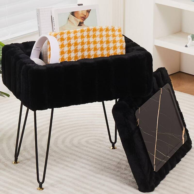 Faux Mink Fur Ottoman with Metal Legs for Seating and Decor