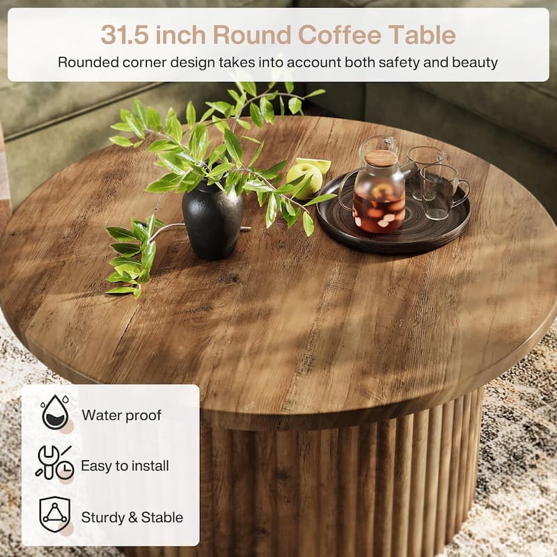 31.5" Farmhouse Round Coffee Table, Circle Center Table with Fluted Drum Base & Wooden Grain Veneer Top