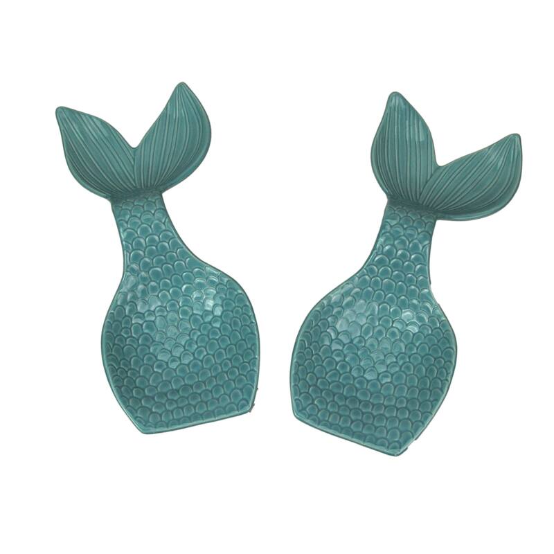 Set Of 2 Ceramic Mermaid Tail Spoon Rests Coastal-Themed - 1.5 X 10.75 X 4.75 inches