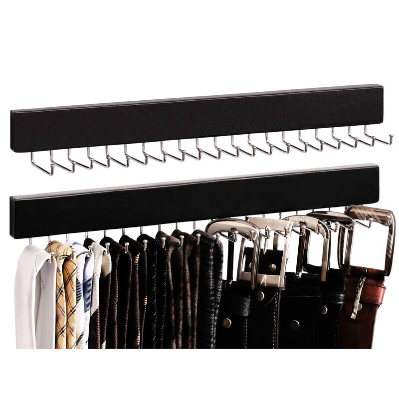 2-pack Wall-Mounted Wooden Hangers with 20 Hooks for Ties, Belts, Hats - Black