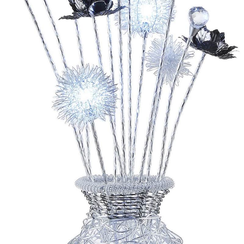 32 Inch Accent Table Lamp, Metal Flowers with Vase Design, Chrome Finish