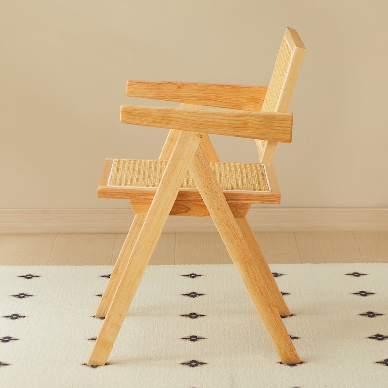 2 Piece Rattan Solid Wood Kitchen Dining Chair with Cushions, Backrests, Armrests for Dining Room Kitchen Living Room Bedroom