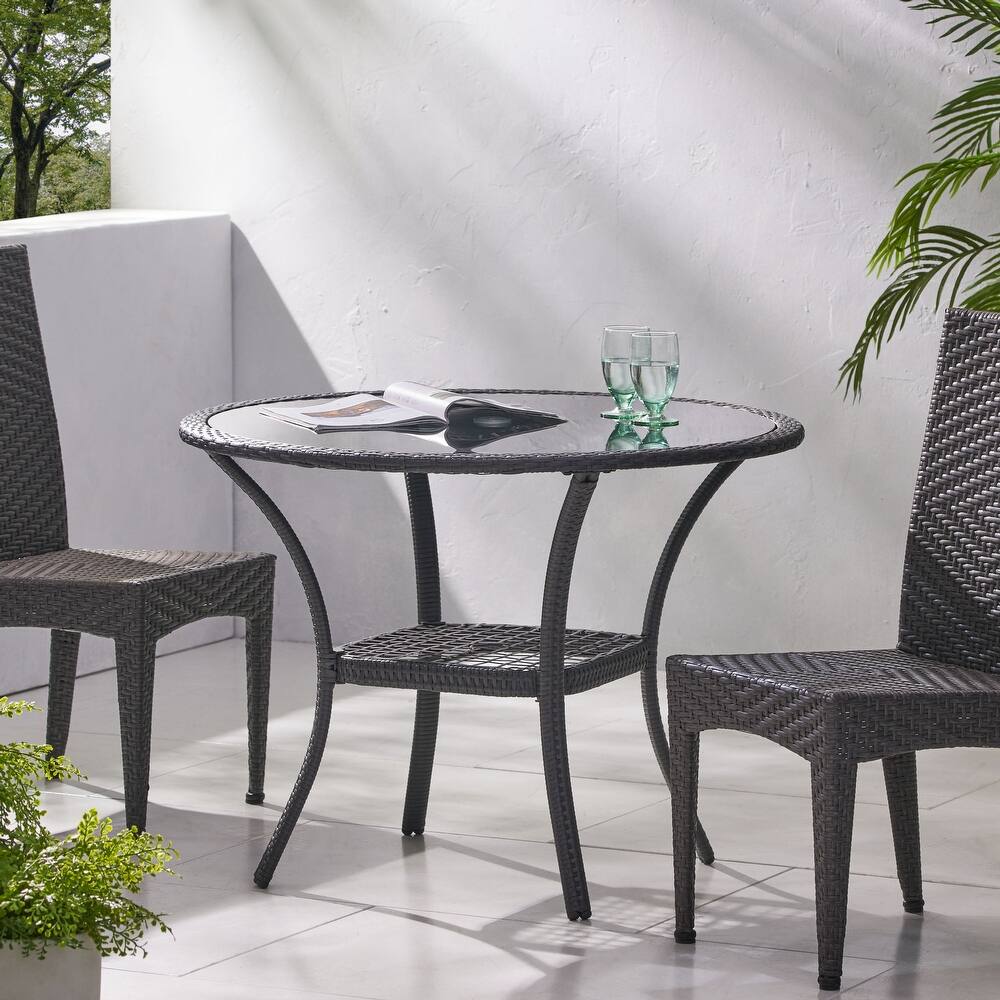 Roomfitters San Pico Round Patio Dining Table, Outdoor Wicker Bistro Table with Glass Top for Garden or Deck, Gray