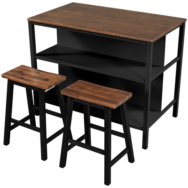 3-piece Stationary Kitchen Island Set with 2 Stools and Open Shelves