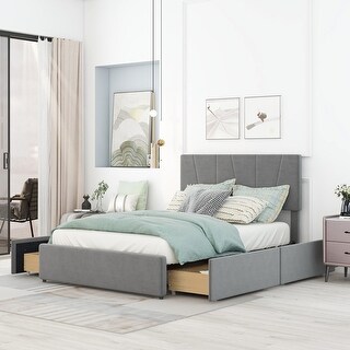 Modern & Simple Style Full Size Upholstery Wood Platform Bed with Four Drawers,Adjustable Headboard