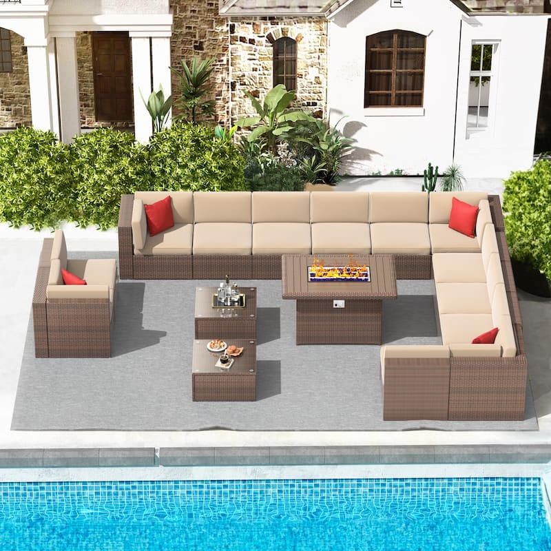 15 Pcs Patio Furniture Sets with 50000 BTU Fire Pit Table - Brown