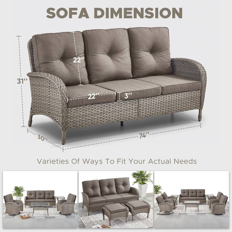 3-Seat Patio Wicker Sofa Soft Cushion Grey - Grey