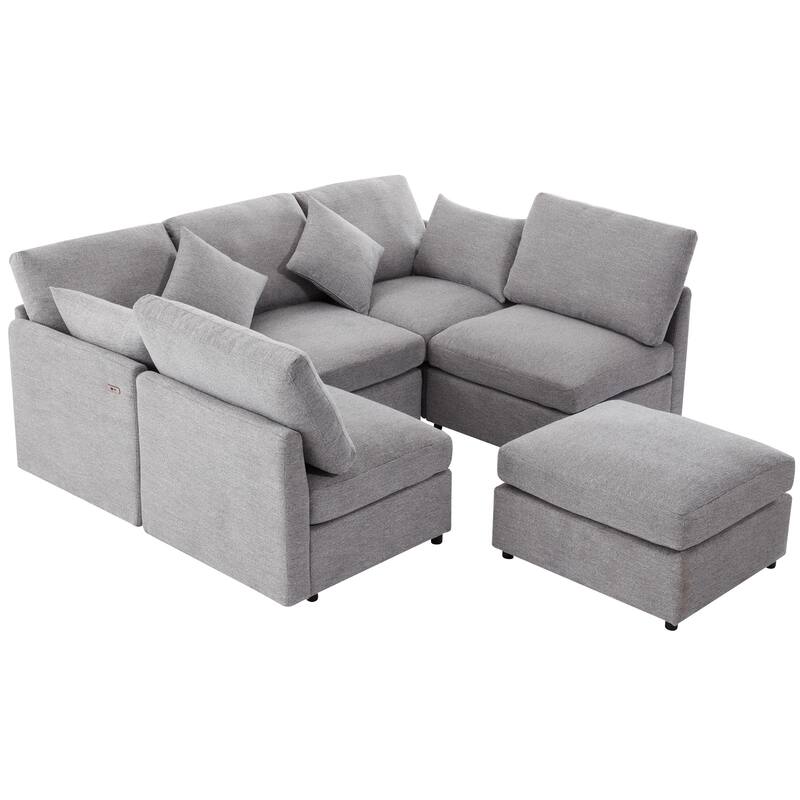L-Shaped Modular Sectional Sofa Convertible U-Shaped Sofa Bed with Movable Ottoman and 2 USB Ports, 2 Pillows, Chenille 5 Seat