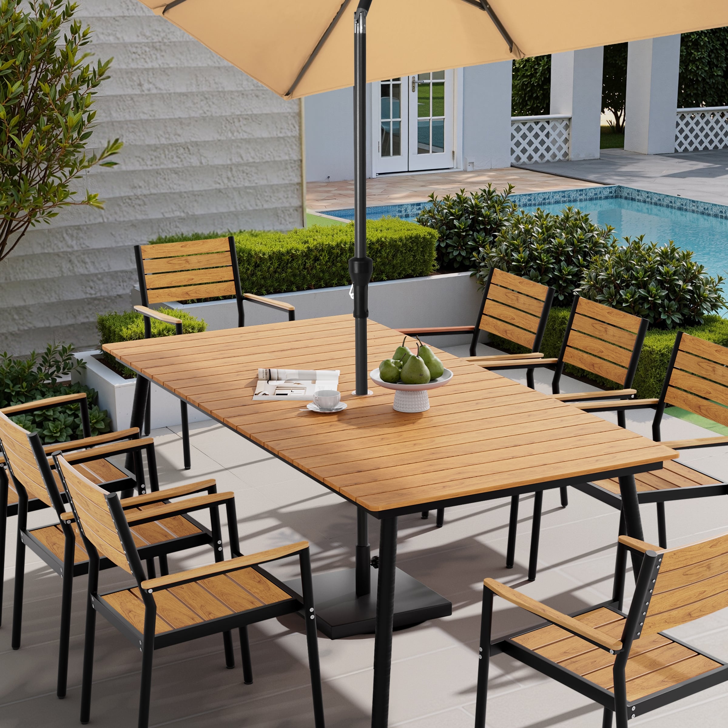 82.7in Outdoor Patio Rectangle Aluminum Wood-Like Dining Table with Umbrella Hole