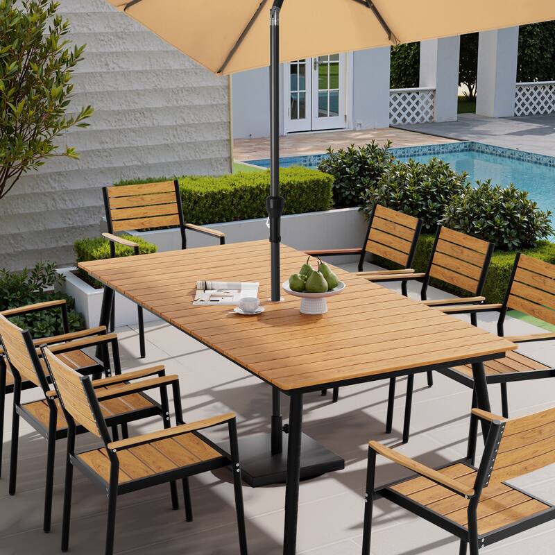 82.7in Outdoor Patio Rectangle Aluminum Wood-Like Dining Table with Umbrella Hole - Brown