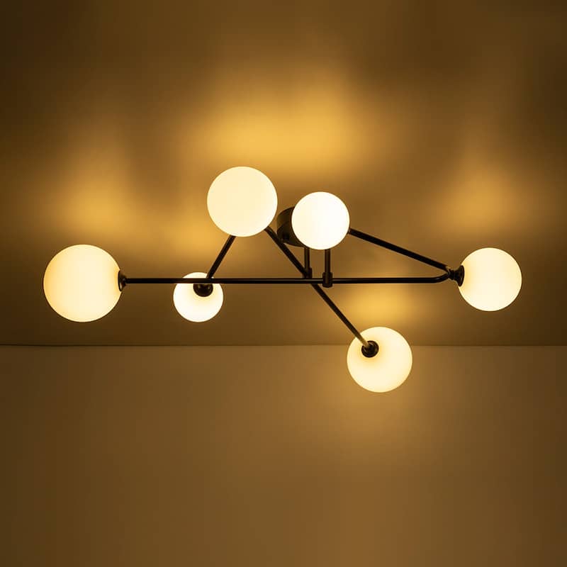 6-Light Brass Geometric Arm Opal Glass Globe Semi Flush Mount