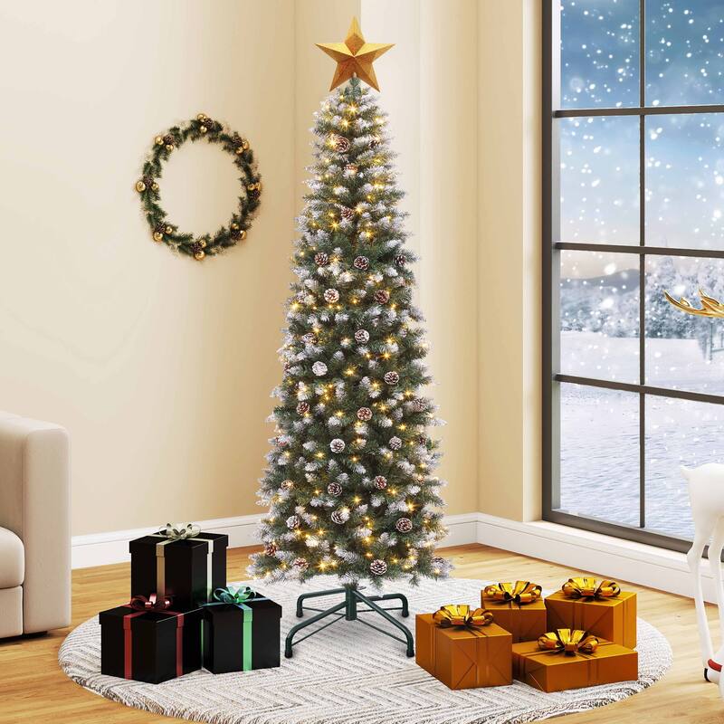 6/7.5 FT Flocked & Frosted Slim Prelit Artificial Hinged Xmas Tree