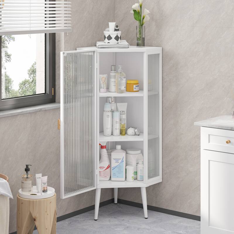Floor Coner Cabinet, 3 Tiers with Tempered Glass Doors and Storage Shelves