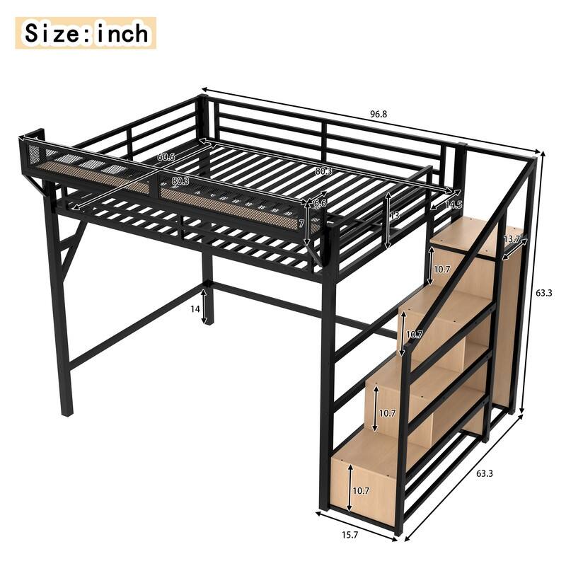 Queen Size Loft Bed with Storage Staircase & Open Wardrobe, Metal Kids Teens Bed Frame with Charging Station & LED Light
