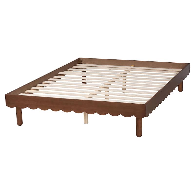 Orianthe Wood Platform Bed Frame with Scalloped Design - Low Profile with Round Legs, Modern Minimalist Furniture, Queen Size