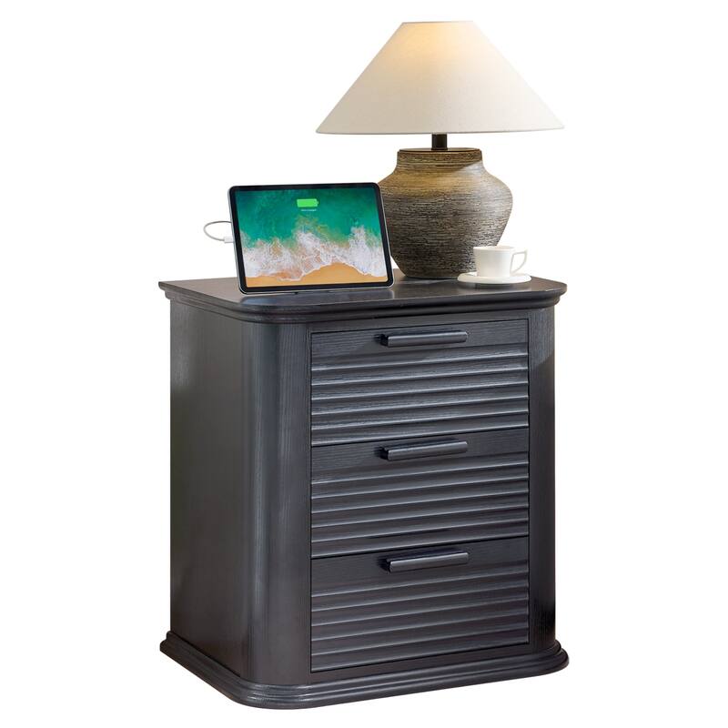 Anmytek Multi Functional Charging Station Nightstand - Wooden 3 Drawer Fluted Curved Profile End Table