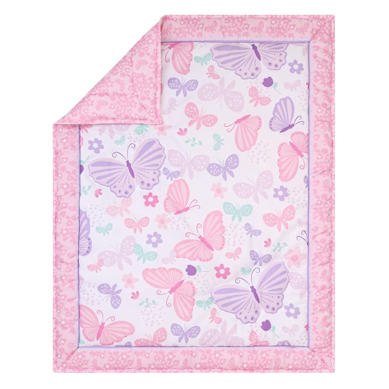 The Peanutshell Pink and Purple Butterfly Song Crib Bedding Set for Baby Girls, 3 Piece Nursery Set