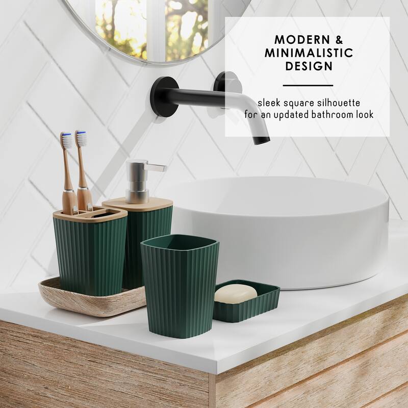 Empyrean Bamboo Bathroom Accessories Set with Shower Curtain Set, Toilet Brush, Trash Can & Soap Dispenser