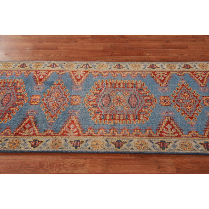 Hand Knotted Oriental 100% Wool Carpet Traditional Geometric Navy Blue & Blues Viss Runner Rug - 10' 0'' X 2' 6''