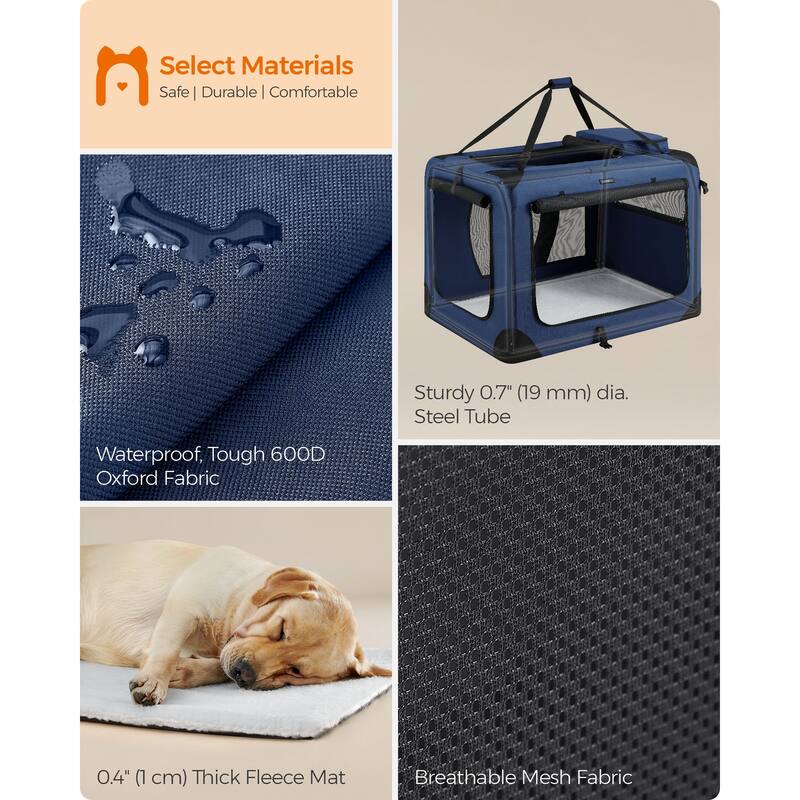 Collapsible Pet Carrier, Oxford Fabric, Mesh, Metal Frame, With Handle, Storage Pockets