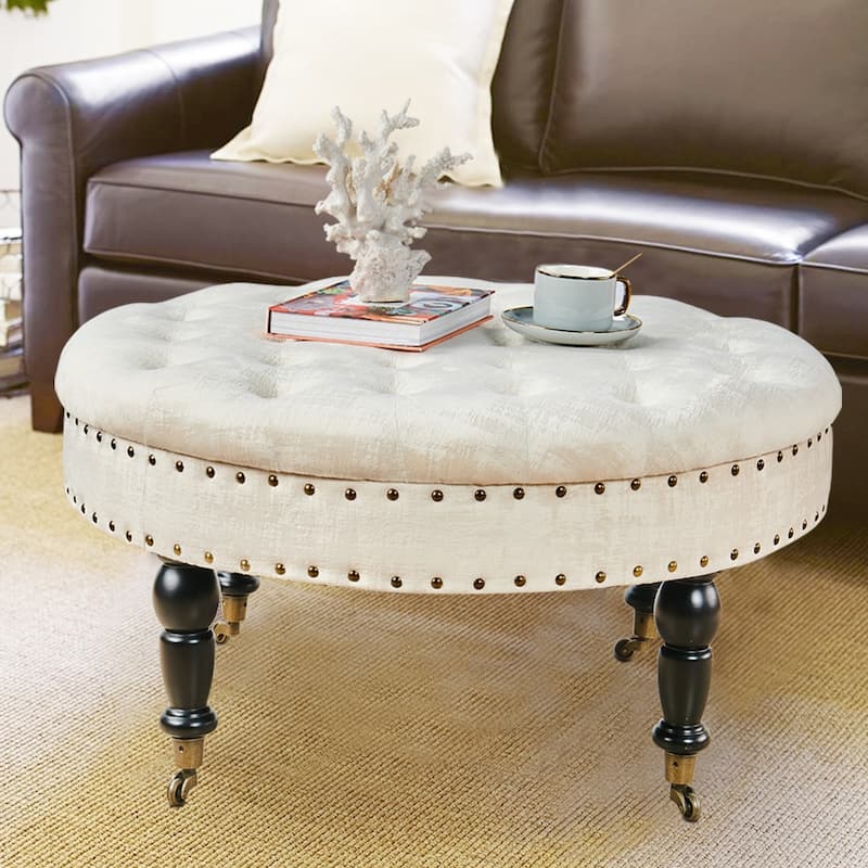 Round Velvet Tufted Coffee Table Ottoman, 34" x 34" x 17" H
