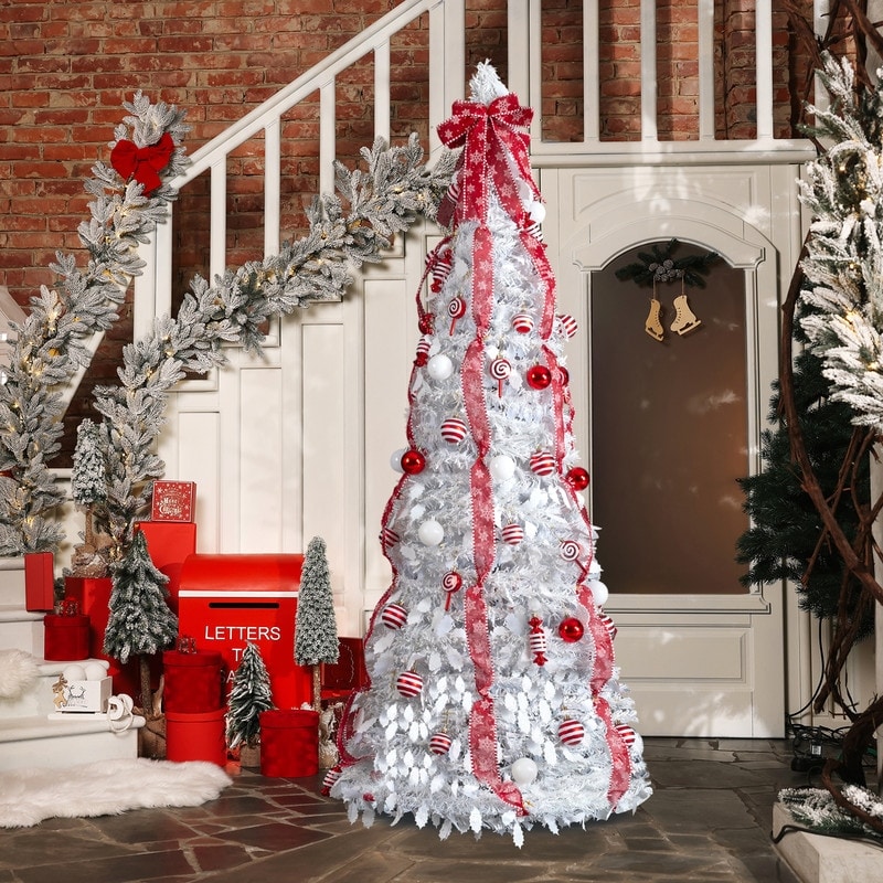 7 FT Fully Decorated Pre-lit Christmas Tree, Pop Up Artificial Xmas Tree for Home Office Store Holiday Deco