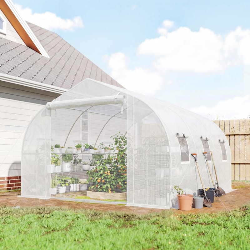 Outsunny 10'x11'x6' Walk-in Tunnel Greenhouse with Shelves, Mesh Door and Windows, Plant Hot House with PE Cover - White