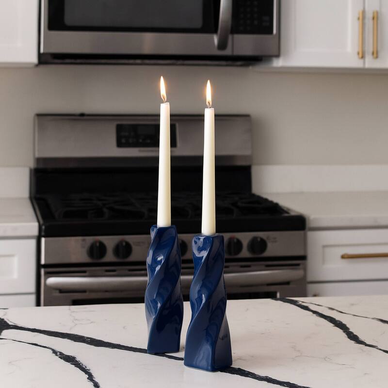 Blue Tall Curvy Santa Fe Style Ceramic Candlesticks Set of Two