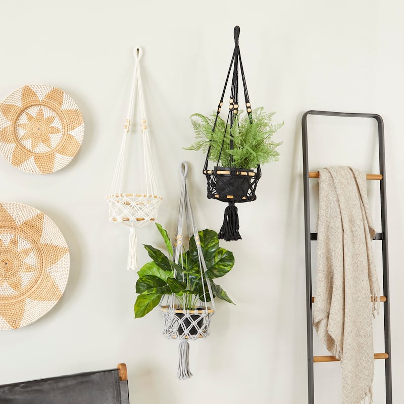 Multi Colored Cotton Fabric Handmade Hanging Macrame Wall Planter (Set of 3) - 9"W, 32"H - Multi Colored