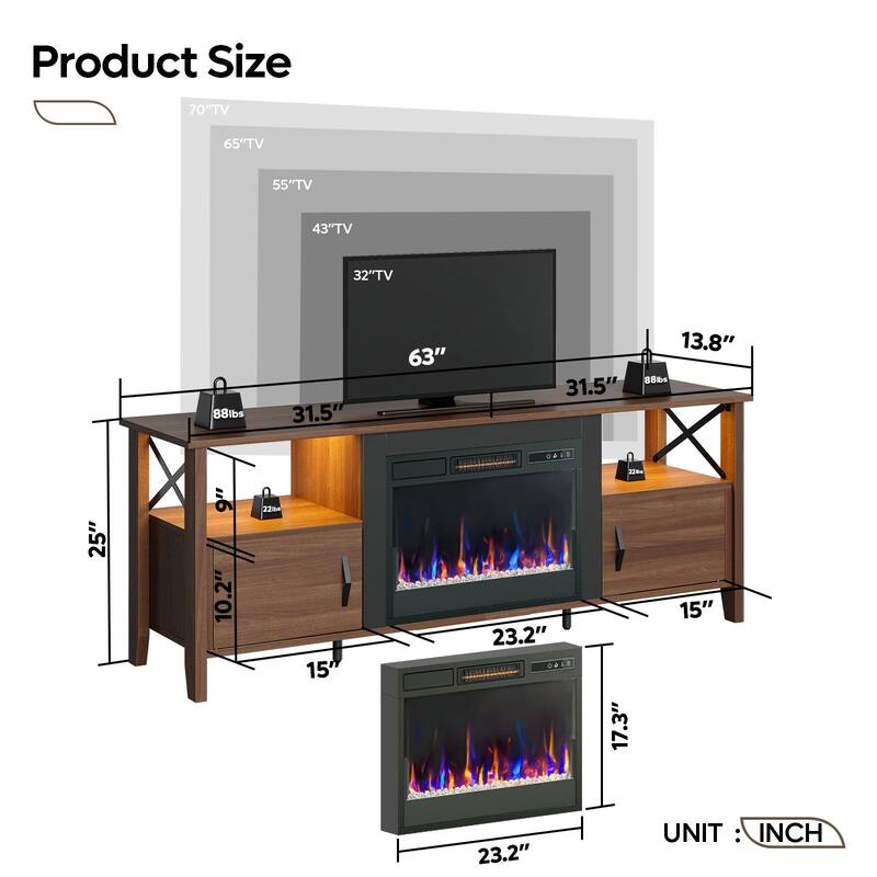 Bestier TV Stand, LED Media Console with Storage, with Electric Fireplace and LED and Adjustable Storage Cabinet