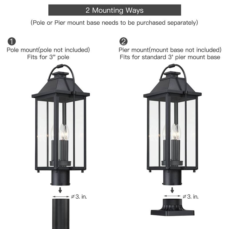 Brits 3-Light Black Outdoor Pier Mount Light Lantern Head - 20.8 in. H
