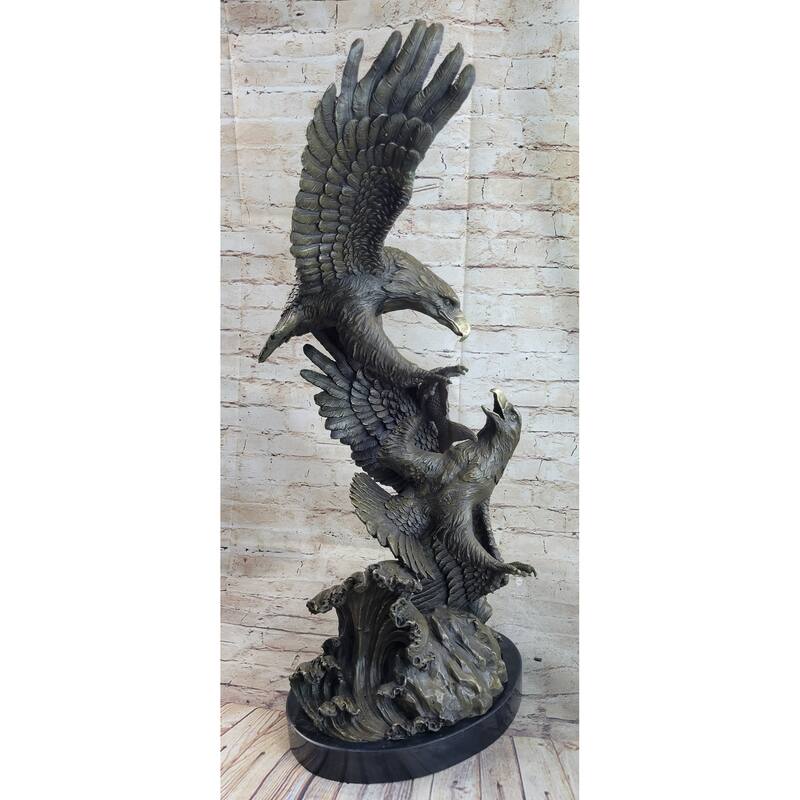 Fighting Eagles Birds Bronze Statue Sculpture Figure Signed Original Marble Base