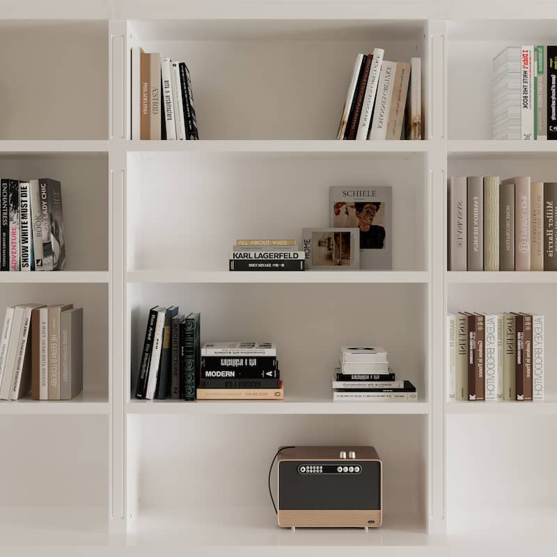 102.4" Large 6-Door Bookshelf w/Drawers Solid Pine Top Display Bookcase Bronze Handles White Storage Cabinet
