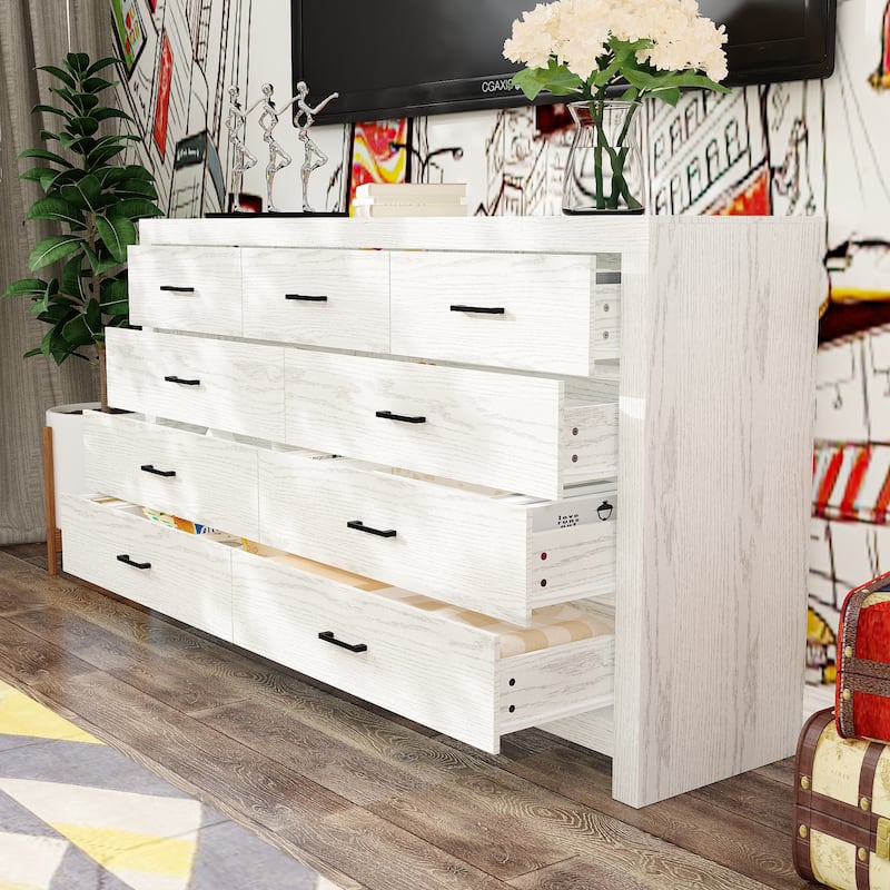 63" White 9 Drawer Dresser for Bedroom, Modern Wide Wood Storage Dresser with Metal Handles