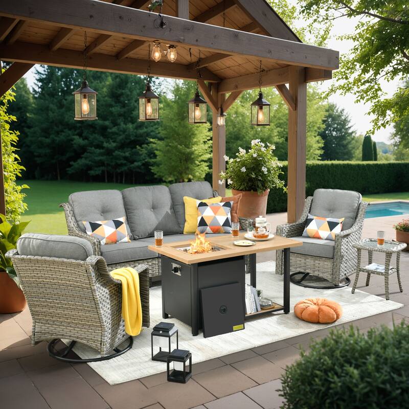 XIZZI 5-piece Patio Furniture Wicker Swivel Rocking Chair Set with Fire Pit - Dark Grey