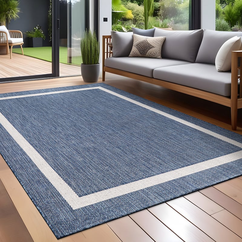Beverly Rug Modern Bordered Indoor Outdoor Rug, Outside Carpet for Patio, Deck, Porch