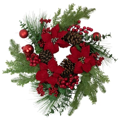 Artificial Red Berry and Poinsettia Christmas Wreath 22-Inch Unlit - 22"